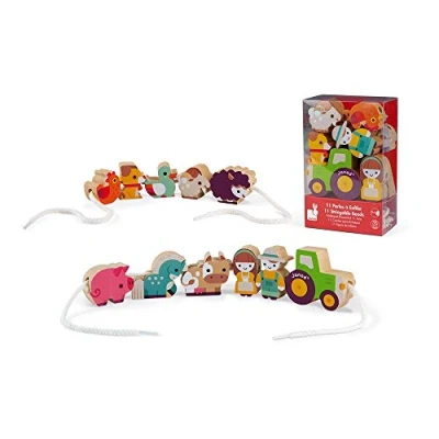 Imagen de Janod Set of 11 Solid Wood Bead Figurines Double Sided Farm Theme From 2 years, J05315