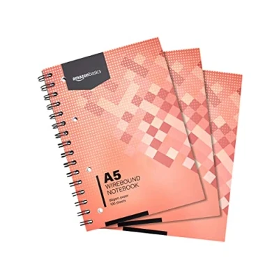 Imagen de Amazon Basics Cuaderno de anillas, 3 unidades, 100 hojas /200 páginas, tamaño A5, 80 gsm, Rojo