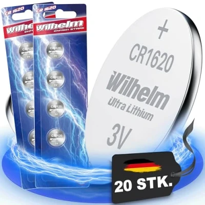 Imagen de Wilhelm Pilas de botón litio CR1620 CR 1620 (20 unidades, 3 V, 70 mAh, diámetro 16 x 2,0 mm, DL1620, 6620)