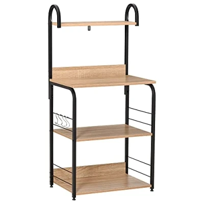 Imagen de HOMCOM Estante de Cocina Estantería para Microondas con 4 Niveles Ganchos y Pies Ajustables Estantes Almacenaje 60x40x125 cm Madera Natural