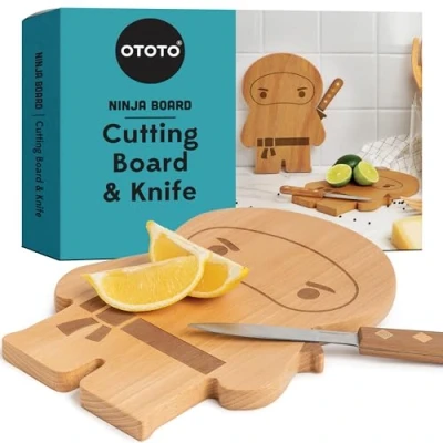 Imagen de OTOTO Tabla Ninja Pequeña de cortar Madera y Juego Cuchillos Regalo cocina para Picar Frutas Verduras; Cuchillo Acero Inoxidable. 25,4 x 17,8 1,5 cm