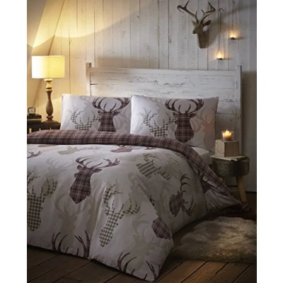 Imagen de de CAMA Juego Funda edredón con diseño Ciervo a Cuadros Escoceses, tamaño King, Color Natural y marrón, Algodón Poliéster, Matrimonio