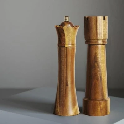 Imagen de MAITTON Molinillos de Sal y Pimienta con Diseño Ajedrez en Madera Juego Molinillo Manual Mecanismo Cerámica, Tamaño Pequeño 20cm