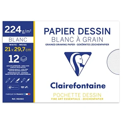 Imagen de Clairefontaine 96156C Pochette Dessin Scolaire 12 Feuilles Papier Blanc à Grain A4 21x29,7 cm 224g Idéal pour les Arts Plastiques