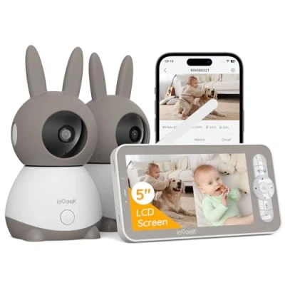 Imagen de ieGeek 3MP Camaras Vigilancia Bebe con 2 Camaras, Vigilabebes Camara 5 Pantalla Dividible, 355 PTZ Control Remoto de Móvil, Seguimiento Automático, Detección Llanto, Audio Vías