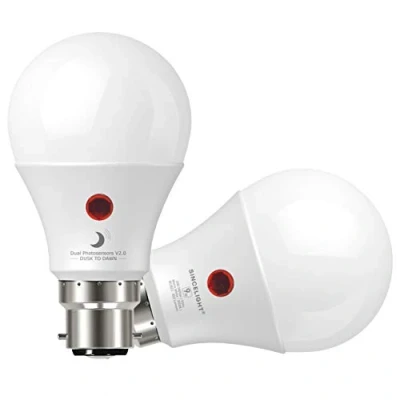 Imagen de SINCELIGHT Bombillas LED con sensor crepuscular (Encender y apagar automático) 9 Vatios Blanco Cálido 3000 Kelvin Bayoneta B22 900 lúmenes Paquete de 2