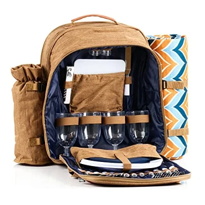 Imagen de CampFeuer Mochila Térmica de Picnic 4 Personas 32 Piezas Color Marrón con Soporte para Botellas y Manta Vajilla Cubiertos