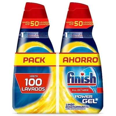 Imagen de Finish All in 1 Max Power Gel Limón Desengrasante Detergente para el Lavavajilla, 2 unidades, 100 lavados