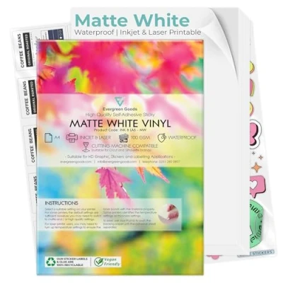 Imagen de Evergreen Goods™ 20 hojas de papel fotográfico vinilo blanco mate impermeable Imprimible por inyección tinta Calidad comercial autoadhesiva premium a prueba desgarros