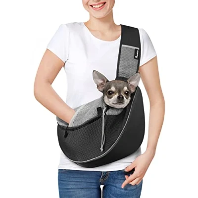 Imagen de Pawaboo Bolso Bandolera para Perros, Bolsa Portátil Mascotas con Correa Ajustable y Bolsillos, de Mensajero Transpirable Cómoda Cachorros Gatitos Viajar, S, Negro