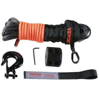 Imagen de VEVOR Cuerda de Cabrestante 6,4 mm x 15,2 m Cable Sintético Resistencia a la Rotura 44,5 kN con Funda Protectora, Gancho Forjado, Correa Tracción para ATV, UTV, Vehículo, Camioneta