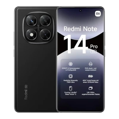 Imagen de Xiaomi Teléfono Inteligente Redmi Note 14 Pro 5G, 8+256GB, Negro, cámara AI de Grado Profesional 200 MP, IP68, Carga Turbo 45 W con batería 5110 mAh, Funciones IA (no Incluye Cargador)