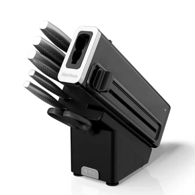 Imagen de Ninja StaySharp Taco de cuchillos, Juego 6 piezas en acero inoxidable, Afilador integrado, 5 cuchillos (Chef, para pan, Fileteador, Multiusos y pelar) tijeras, Gris oscuro, K62006EUUK