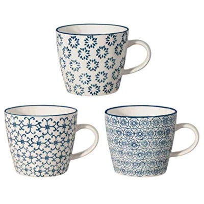 Imagen de BLOOMINGVILLE Tazas con Asas Kristina de café, té para la Oficina y el hogar ø 9,5 x H 8 cm, Azul, Cerámica, Juego 3, Capacidad 280 ml