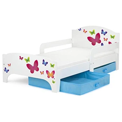 Imagen de Leomark Smart Cama Infantil de Madera Mariposa Marco Cama, Colchón y Cajón, robustro Cómodo Dormitorio Impresa, Muebles para Niños, Espacio Dormir: 140/70 cm