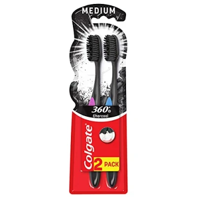 Imagen de Colgate 360 Black, cepillo de dientes mediano, paquete 2