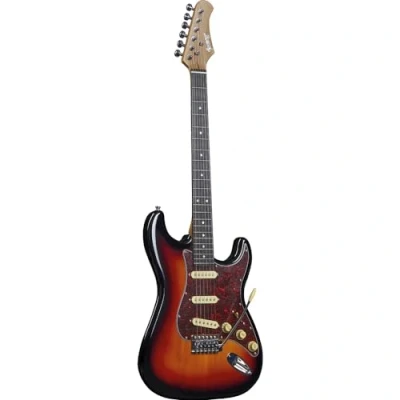 Imagen de Spencer by Eko ST10 Sunburst Guitarra eléctrica con cuerpo de álamo, mango arce, teclado resina, 3 pastillas S S, controles volumen y 2 tonos, interruptor Blade 5 vías, puente