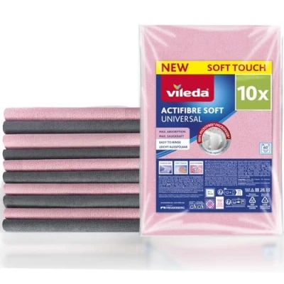 Imagen de Vileda Actifibre Soft Paño de Limpieza Universal Microfibra, 100% Microfibra para Resultados sin Rayas, Alta absorción, Todas Las Superficies Lisas, Color Rosa y Gris, Pack 10