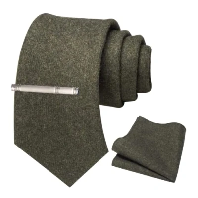 Imagen de JEMYGINS Conjunto de Corbata Lana Cachemira y Pañuelo con Pinza para Hombre Verde oliva