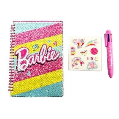 Imagen de ODS Barbie My Notebook, cuaderno con lentejuelas reversibles, páginas rayas, blancas y dibujos para colorear, incluye bolígrafo multicolor 1 hoja de pegatinas Barbie, 15 x 21 cm