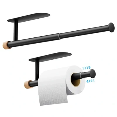 Imagen de Zivacate Portarrollos de Cocina sin taladrar, [Acentos Estéticos Madera] Soporte Papel Higienico Porta Rollos Pared Adhesivo o Taladro, Rollo Cocina(Negro Mate)