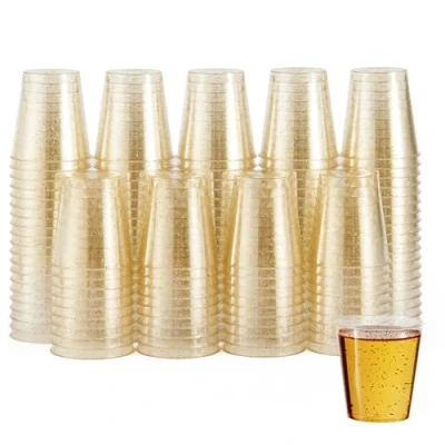 Imagen de MATANA 60 Vasos de Chupito Plástico Duro con Brillo Dorado, 30ml Resistentes y Reutilizables Cumpleaños, Bodas, Navidad, Barbacoas, Halloween, Fiestas