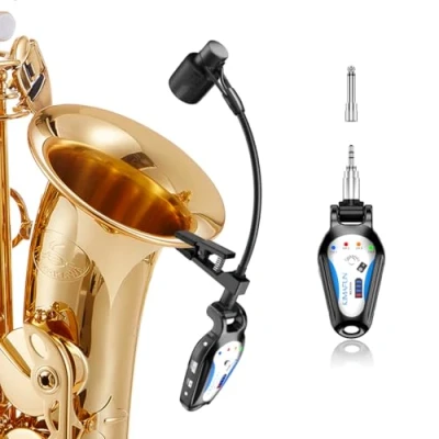 Imagen de KIMAFUN Micrófono Inalámbrico para Saxofón 2.4G, Sistema de Clip on Instrumentos Saxofón, Corno Francés, Trompeta, Trombón, G120
