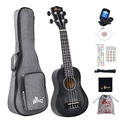 Imagen de Winzz Ukelele Soprano para Niños Kit Principiantes con 8 Accesorios, Diseño de Color Único 21 Pulgadas Negro