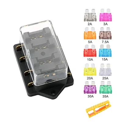 Imagen de Aiqeer 4 Vías Portafusibles Coche Impermeable, 12V / 24V 32V 48V Universal Caja Fusibles Cuchilla Estándar, con 10 Piezas Estándar (2A/3A/5A/7.5A/10A/15A/20A/25A/30A/35A)