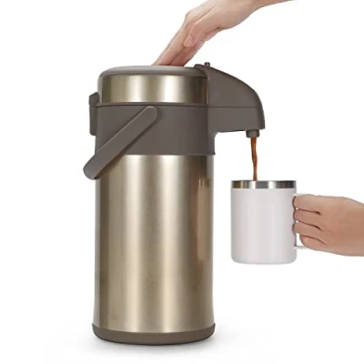 Imagen de Olerd jarra termo de 4,0 litros, acero inoxidable, doble pared, con mecanismo bombeo, para 24 tazas (dorado)