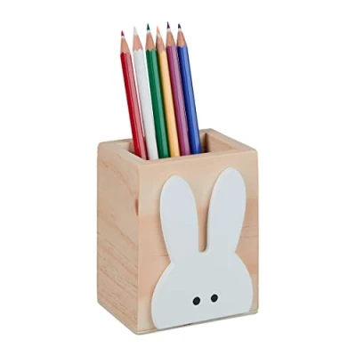 Imagen de Relaxdays Stiftehalter Portalápices Cuadrado Diseño de Conejo, Cubillete Madera Lápices, Bolis, Pinceles, 10x8x6 cm, Natural y Blanco, 10 x 8 6 cm
