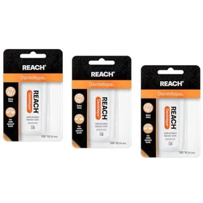 Imagen de Reach Dentotape Hilo dental encerado con superficie de limpieza extra ancha para grandes espacios entre los dientes, sin sabor, 100 yardas (paquete 3)