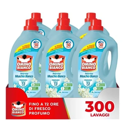 Imagen de Omino Bianco Detergente para lavadora líquido, 300 lavados, respeta colores y tejidos, aroma fresco con esencia de almizcle blanco, 2000 ml x 6 paquetes