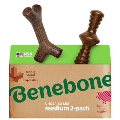 Imagen de Benebone Paquete de 2 moldes indestructibles para masticadores agresivos, rompedor aburrimiento resistente larga duración perros, sabor a tocino real y madera arce, perros medianos,