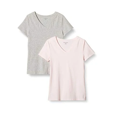 Imagen de Amazon Essentials Camiseta de Manga Corta con Cuello en Pico y Corte Recto Mujer, Pack 2, Rosa Claro/Gris Claro Mezcla, XS