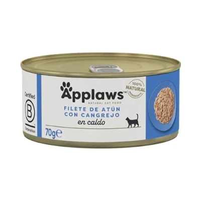 Imagen de Applaws 100% Natural Filete de Atún con Cangrejo Comida Húmeda para Gatos Adultos en Caldo Paquete 24 latas 70g