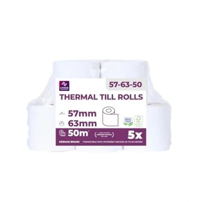 Imagen de Papel térmico 57mm x 50m 12mm ideal para todas las cajas registradoras y TPV Rollos impresora térmica (57x55x12) Blanco Sin BPA (5 Rollos)