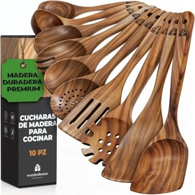 Imagen de Utensilios de Cocina Madera [10 pzas] 100% Teca Set Espátulas y Cucharas Madera. Accesorios con Agarre Cómodo. Menaje para Sartenes Antiadherentes