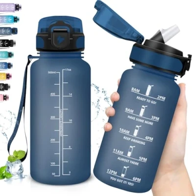 Imagen de Grsta Botella Agua, 500ml Agua Niños, Botellas Niños Colegio a Prueba de Fugas, con Pajita, Fácil Limpiar, Motivacional para la Escuela, Gimnasio, Naviblue
