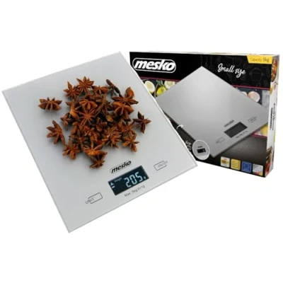 Imagen de Mesko MS3145 Báscula de Cocina Digital Plataforma Vidrio Resistente, Alta Precisión, Pasos 1g Pesa Alimentos hasta 5Kg, Display LCD, Función Tara, Multifunción gr ml Oz Lb