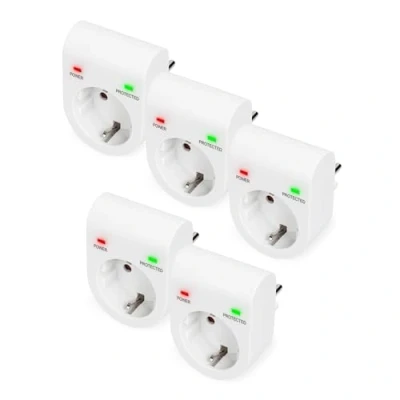 Imagen de DIGITUS DN 95400 Adaptador de protección contra sobretensiones 5 Piezas 16 A / 230 V 50 Hz máx. 3.500 W LED indicador Estado Corriente Fuga 13.500 Blanco