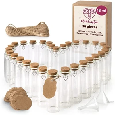 Imagen de WeddingTree 30 x 18ml Botella de Vidrio Mini Set Botellas Cristal con Corcho y Llavero Corazón para Invitados Bodas, Decoración, Frasco Especia