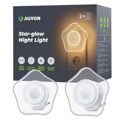 Imagen de AUVON Estrella Luz nocturna infantil con Sensor Movimiento, 2 Unidades Cálida LED 1 50 lm, Brillo Ajustable para Bebe Dormitorio Infantil, Baño, Cocina, Escalera