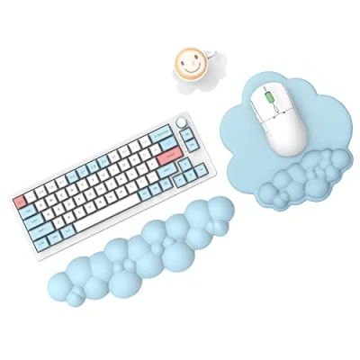 Imagen de MAMBASNAKE Cloud Mouse Pad y teclado reposamuñecas con posavasos, cómodo cojín de espuma viscoelástica para muñeca base antideslizante, ergonómico fácil escribir, color azul