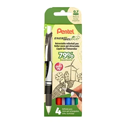 Imagen de Pentel BL77E 4 EnerGel Eco Bolígrafo roller de tinta gel con mecanismo presión, fabricado 79% materiales reciclados, juego unidades, negro, rojo, azul y verde, 1 unidad (4 unidades)