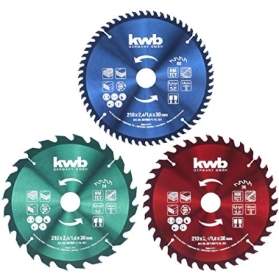 Imagen de KWB Juego de hojas sierra circular para sierras circulares o mesa, paneles y materiales construcción madera, incluidos anillos reductores 16 20 mm, 210 x 30/20/16 mm