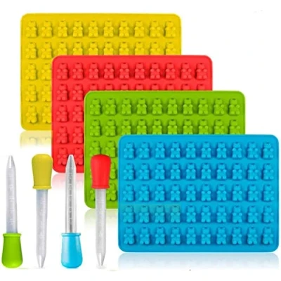 Imagen de Moldes de silicona para caramelos chocolate hornear antiadherentes Bandejas cubitos hielo hacer gelatina pastel Muffin Cupcake Gumdrop con 4 goteros (18.5 * 13.5 1 cm)