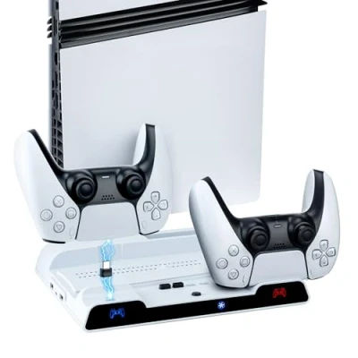 Imagen de Wigearss Soporte Vertical para PS5/PS5 Slim/PS5 Pro con Ventiladores de Refrigeración, Estación Carga Dos Mandos, Ventilador Enfriamiento 3 Niveles Ajustables