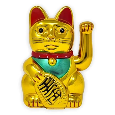 Imagen de gato de la suerte Starlet24, que saluda, Feng Shui, Maneki Neko, plástico, Gold Glänzend, 13 cm