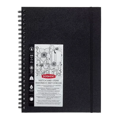 Imagen de Derwent 2102178 Cuaderno Vertical de Tapa Dura para Hacer Bocetos, Dibujar y Escribir Tamaño A4 con Bolsillo Posterior, 56 Hojas, Papel Sin Ácido, Bloc Notas Espiral, Calidad Profesional